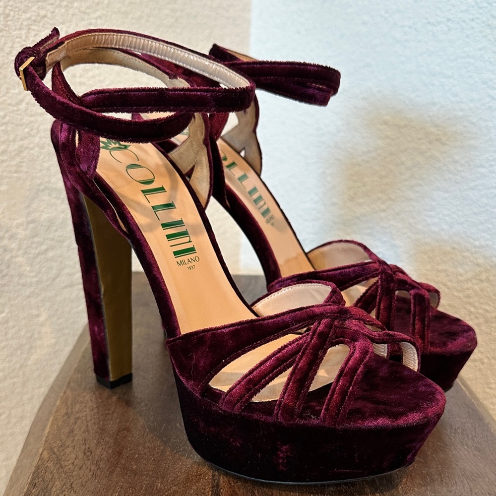 COLLINI MILANO 1937 LEANNE Burgundy Velvet Sandals Size 40 US 9